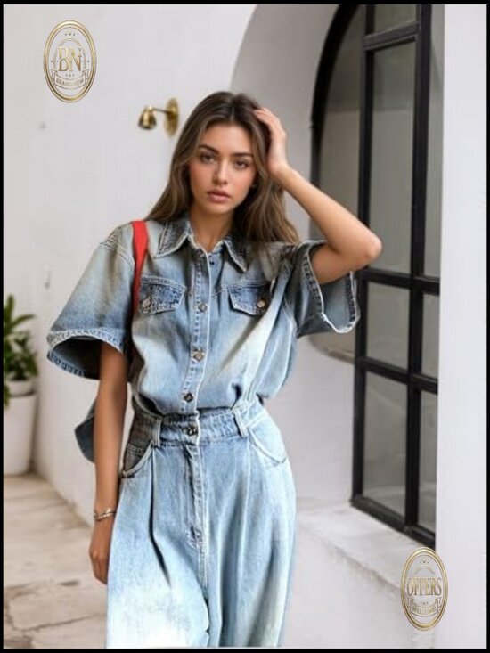 Denim Jumpsuit Short Sleeve Button Down Wide Leg Palazzo Pants Romper - Picture 2 of 7